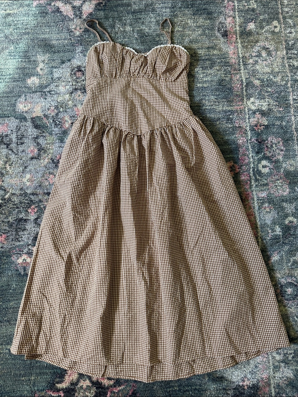 a new day Orange and Cream Gingham Seersucker Basque Waist Midi Dress Small NWT